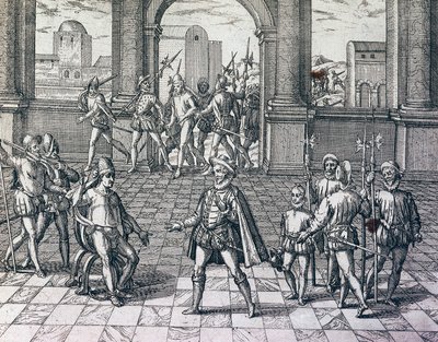 Inka-keiser Atahualpa blir tatt til fange av spanjoler i Cajamarca, Peru, gravering fra amerikansk historie av Theodore de Bry (1528-1598), Frankfurt av Theodore de Bry