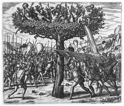 Indianere i et tre kaster prosjektiler mot spanjolene av Theodore de Bry