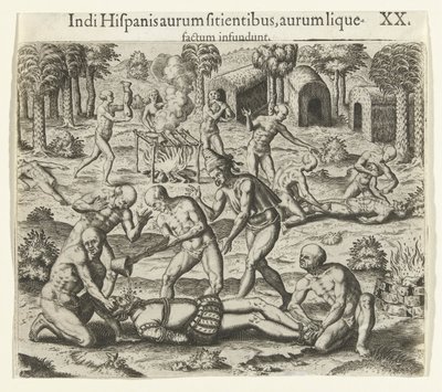 Indianere heller flytende gull inn i munnen til en spanjol, 1594. av Theodore de Bry