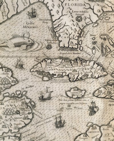 Island of Cuba, Florida og Gulf of Mexico, gravering fra History of American Grand Voyages av Theodore de Bry