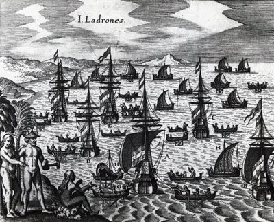 Tyvenes øyer (Islas de los Ladrones, i dag Marianas-øyene), gravering fra Peregrinationes, av Theodor de Bry (1528-1598). Det 16. århundre av Theodore de Bry