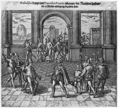Kong Atahualpa (ca. 1502-33) behandler løsepenger med Francisco Pizarro, 1533 (gravering) (bw foto) av Theodore de Bry