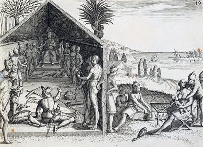 Konge som mottar europeiske besøkende, Cape Lopez, Gabon, gravering fra India orientalis av Theodor de Bry (1528-1598), Afrika av Theodore de Bry