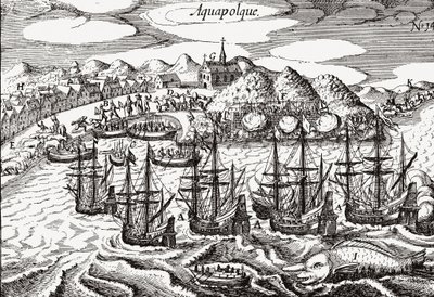 Mexico, View of Acapulco - Mexico (Aquapolque), Theodore de Bry, ca. 1630. Early view of the colonial settlement at Acapulco, which the Spanish used as the main port for their Pacific trade with the Philippines. The harbor is filled with galleons and a lar av Theodore de Bry