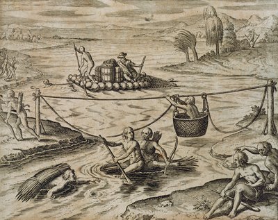 Native American Indians Going Down River Rapids, av Theodore de Bry av Theodore de Bry