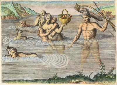 Innfødte i Florida: en familie som svømmer fra en øy til en annen. Fra "" Americae,"" del II av Theodore de Bry
