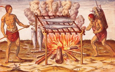 Natives lives: How Indians Cook Fish, Illustrasjon fra Admiranda Narratio av Theodore De Bry av Theodore de Bry