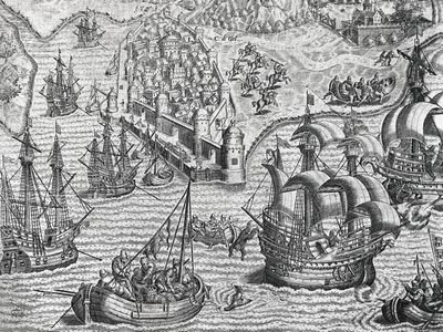Sjøslag, gravering fra amerikansk historie av Theodore de Bry (1528-1598), Frankfurt av Theodore de Bry