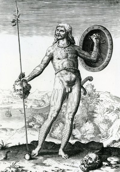 Piktisk mann som holder et menneskehode av Theodore de Bry