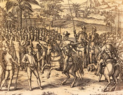 Pizarro blir ønsket velkommen av de innfødte, illustrasjon fra amerikansk historie av Theodore de Bry av Theodore de Bry
