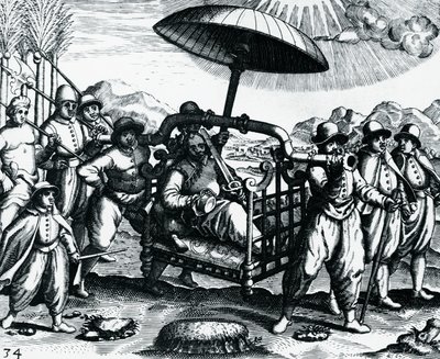 Portugisisk i India, blir transportert på søppel, gravering fra Peregrinationes, av Theodor de Bry (1528-1598), India av Theodore de Bry