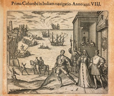 Dronning Isabel og kong Ferdinand hilser på avgangen til Christopher Columbus i Palos, Spania, gravering av Theodor de Bry (1528-1598) av Theodore de Bry