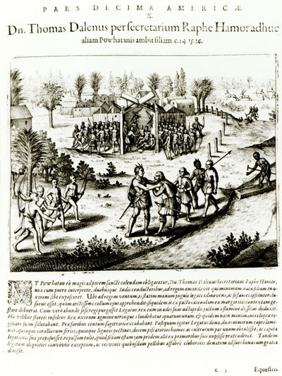 Ralph Hamor besøker Powhatan, 1619 (gravering) (bw-bilde) av Theodore de Bry
