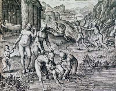 Midler brukt av innfødte mot sykdom, gravering fra Historia America, av Theodor de Bry (1528-1598), Frankfurt av Theodore de Bry