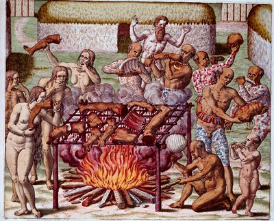 Scene med kannibalisme i Brasil Indianere slukte fiender og fanger. Gravering fra "Admirante Narratio Americae"" av Theodore de Bry (1528-1598) av Theodore de Bry
