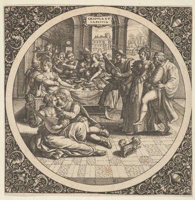 Scene med Galants på en bankett i en sirkel i sentrum, 1580-1600. av Theodore de Bry