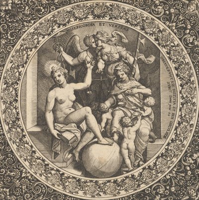 Scene med Misericordia og Veritas in a Circle at Center, 1580-1600. av Theodore de Bry