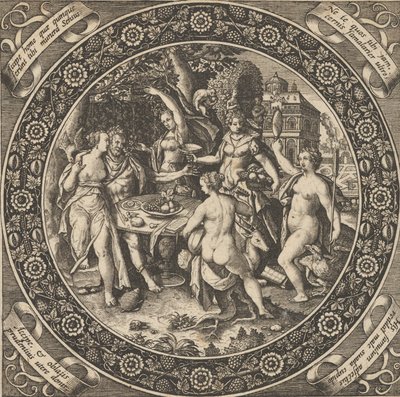 Scene med en kjærlighetsfest i en sirkel i sentrum, 1580-1600. av Theodore de Bry