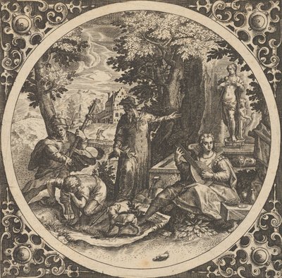 Scene med en advarsel mot kjønnssykdom i en sirkel i sentrum, 1580-1600. av Theodore de Bry