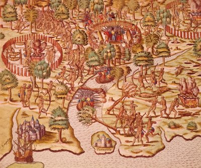 Beleirings- og angrepstaktikk i sammenstøt mellom innfødte og erobrere av Theodore de Bry