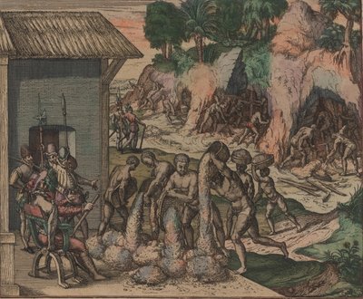 Slaver heller malm foran europeiske soldater. I bakgrunnen jobber slaver i gruvene, 1595. av Theodore de Bry