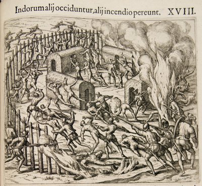 Noen indianere blir drept, noen omkommer i en brann. Fra: Americae pars qvarta av Theodore de Bry
