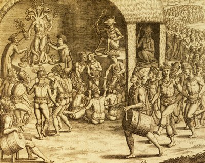 Søramerikansk urfolks religiøs ritual, gravering fra Historia americae, av Theodor de Bry (1528-1598), Frankfurt av Theodore de Bry