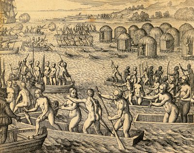 Søramerikanske innfødte angriper erobrernes skip av Theodore de Bry