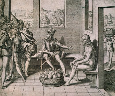 Spanske erobrere som møter innfødte kvinner i Amerika, av Theodore de Bry av Theodore de Bry