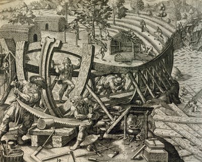 Spanske sjømenn bygger karavel, gravering fra Historia Americae, av Theodor de Bry (1528-1598) av Theodore de Bry