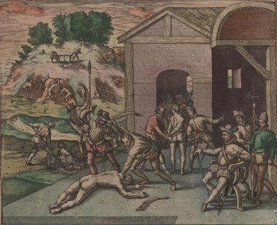 Spanske soldater observerer og utfører straffen til en slave, 1595. av Theodore de Bry