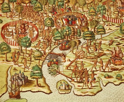 Teknikker for beleiring og angrep, gravering av Theodor de Bry (1528-1598), fra Americae tertia pars av Theodore de Bry