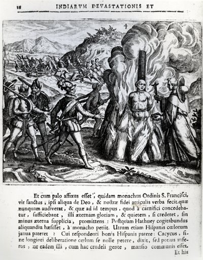 Brenningen av Hatuey av spanjolene i Yara, Cuba, 2. februar 1512, 1664 av Theodore de Bry