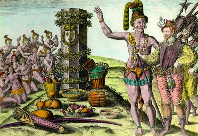 Floridianerne kom kolonnen erigee av den franske navigatøren Jean Ribault (1520-1565) fra den første ekspedisjonen til Florida gravering fra "History of America" av Theodore De Bry (1528-1598) 1500-talls privatsamling av Theodore de Bry