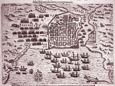 Francis Drake-flåten okkuperer øya Santo Domingo (gravering av Theodore de Bry