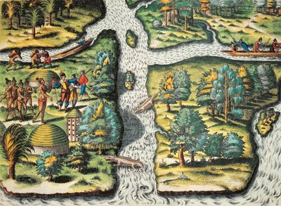 Franskmennene hjelper de innfødte med å få mat av Theodore de Bry