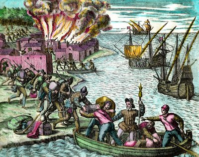 Franskmennene plyndrer og brenner byen Chioreran Gravering fra "History of America"" av Theodore de Bry (1528-1598) Privatsamling fra 1500-tallet av Theodore de Bry