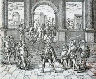 Inkakongen Atahualpa blir tatt til fange av spanjoler i Cajamarca, illustrasjon fra amerikansk historie av Theodore de Bry av Theodore de Bry