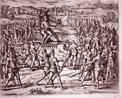 Inka-kongen, Atahualpa (eller Atabaliba), som holder et septer i form av en sol, bæres på et kull for å møte Francisco Pizarro (gravering) av Theodore de Bry