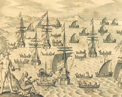 The Island of Thieves, gravering fra amerikansk historie av Theodore de Bry, Nord-Amerika 1600-tallet. av Theodore de Bry