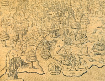 Portugiserne presser mot innlandet og blir angrepet av en lokal stamme av Theodore de Bry