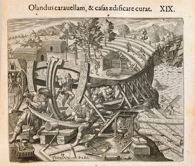Spanjolene bygger sitt første skip i den nye verden, gravering av Theodor de Bry (1528-1598) fra Americae pars quarta, sive, Insignis et admiranda historia de reperta primum Occidentali India Christopher Columbus, av Girolamo Benzoni av Theodore de Bry