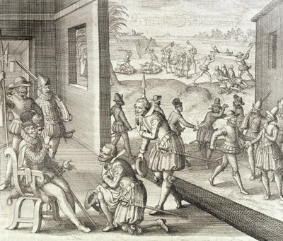 The Spanish Capture Fort Caroline, 1565, fra 'Newe Welt und Americanische Historien' av Johann Ludwig Gottfried, utgitt av Mattaeus Merian, Frankfurt, 1631 av Theodore de Bry