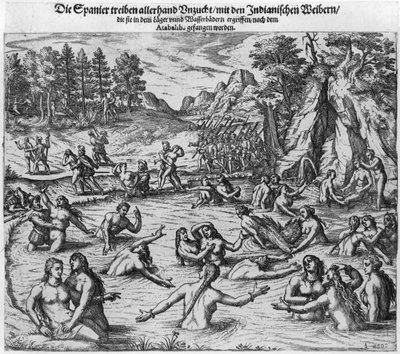 Spanjolene misbrukte de indiske kvinnene etter fangsten av kong Atahualpa (ca. 1502-33) i 1532 av Theodore de Bry