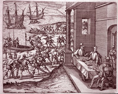 De spanske erobrerne Francisco Pizarro, Diego de Almagro og Hernando de Luque slo seg sammen for å erobre Peru (gravering av Theodore de Bry