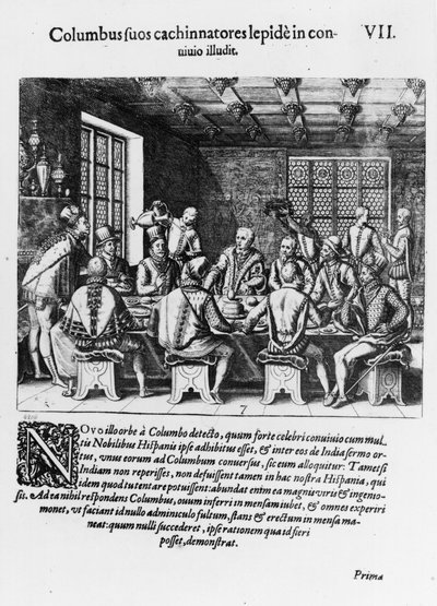 Historien om egget til Christopher Columbus (1450-1506) 1585-88 (gravering) (bw-foto) av Theodore de Bry