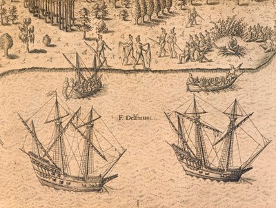 Ankomsten av franske skip til Florida av Theodore de Bry