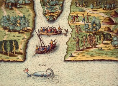 Franskmennenes ankomst, gravering av Theodore de Bry (1528-1598), fra The Discourse of Florida. av Theodore de Bry