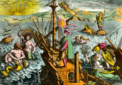 Båten til den italienske navigatøren Amerigo Vespucci (1454 - 1512) av Theodore de Bry