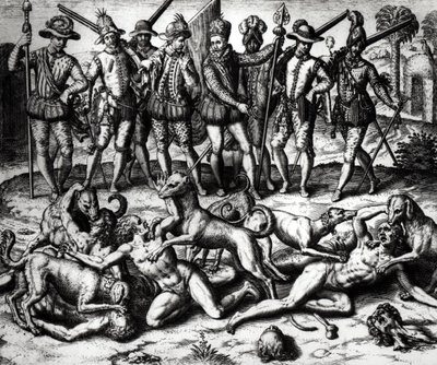 Hundene til Vasco Nunez de Balboa (1475-1571) angriper indianerne av Theodore de Bry